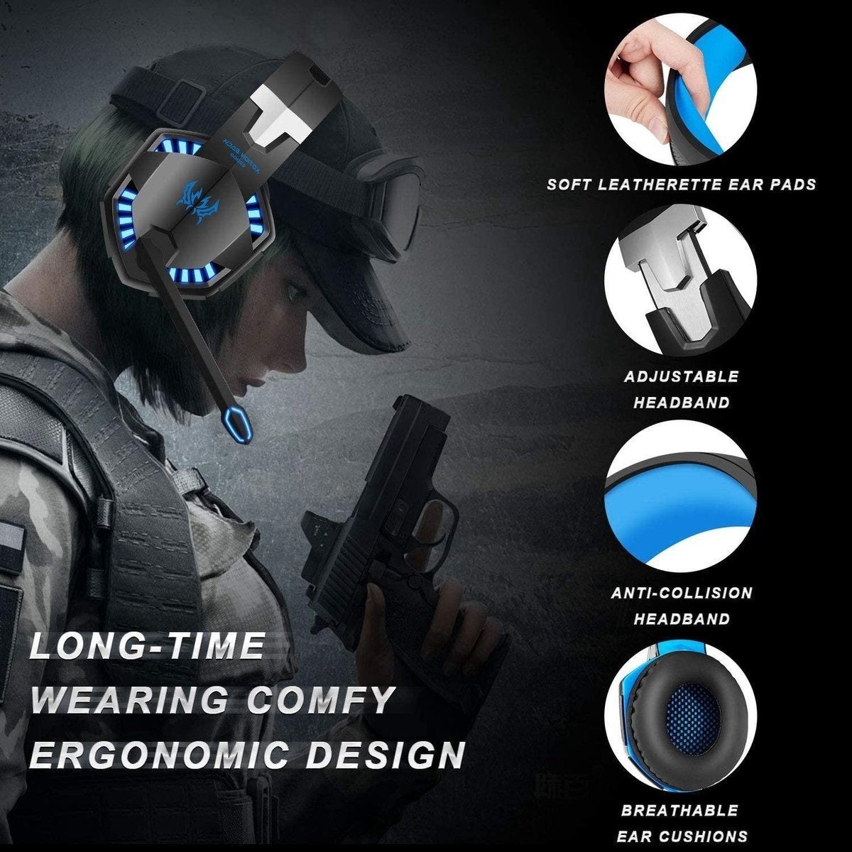 KOTION Casque de jeu EACH G2000 - Noir/Bleu - Convient pour PS5, Xbox Series X, Windows et Switch