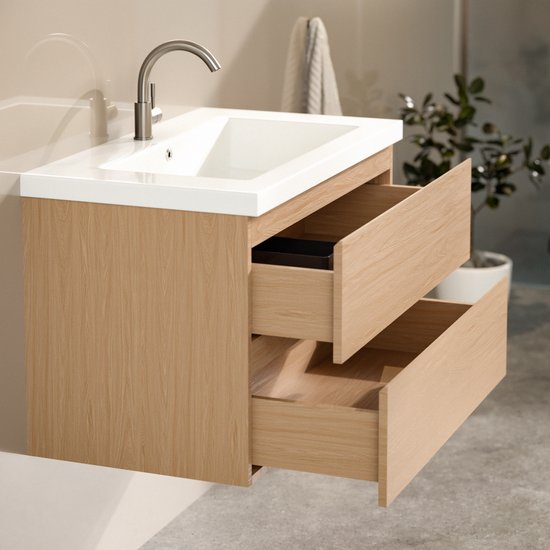 Meuble de salle de bains Mirlux en chêne clair 80 cm - Lavabo blanc - Ensemble de meubles de salle de bains - Meuble sous-lavabo en chêne clair