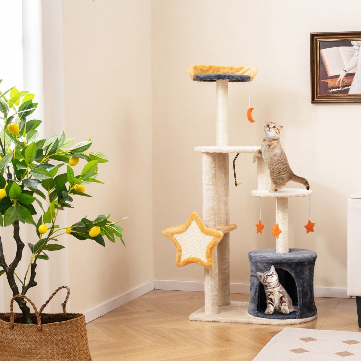 Arbre à chat Coast - 128 cm - Plusieurs étages - Poteaux à griffer en sisal - Beige et gris
