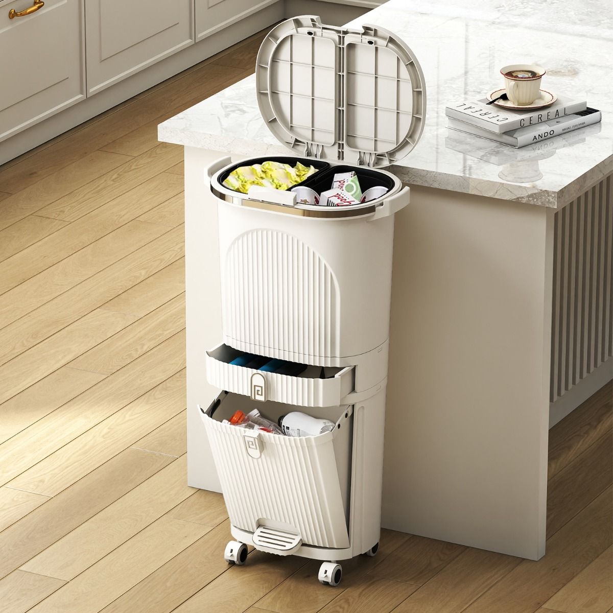 Poubelle de cuisine Coast - Tri sélectif à 3 compartiments - pédale et roulettes - beige/blanc - 42 litres