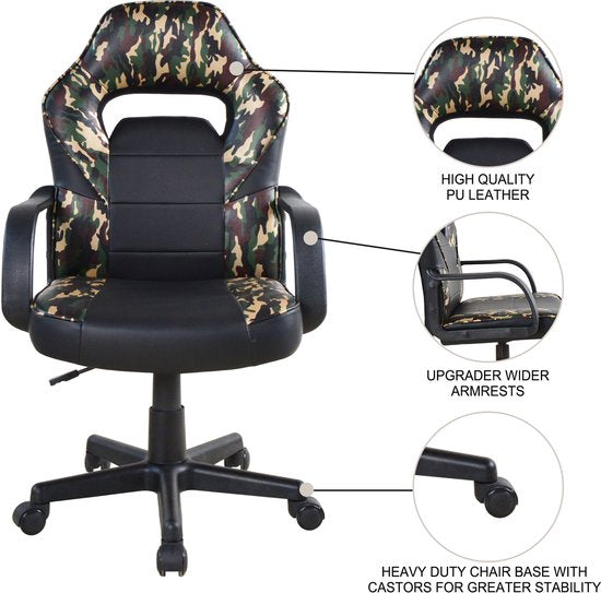 Chaise de jeu Thomas junior - chaise de bureau - réglable en hauteur - camouflage