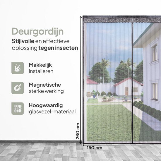 O'DADDY® Rideau de porte Deluxe FIBER - Rideau anti-moustiques magnétique - Pour les nouvelles constructions et les portes standard - Installation facile - Moustiquaire de porte noire - 150x260 cm