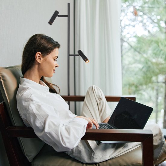 Lampadaire Lumo 4608ZW - lampe de lecture LED noire moderne de Mexlite, hauteur 125 cm, orientable et inclinable, avec des points d'éclairage réglables et un variateur tactile