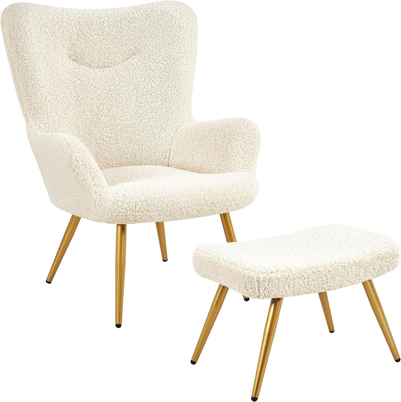 Fauteuil d'écoute Yaheetech avec repose-pieds – Tissu Teddy – Blanc ivoire – 67,5 x 70 x 97,5 cm