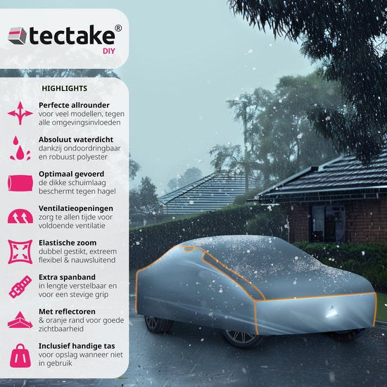 tectake® Car cover - Bâche voiture - Protection contre la grêle - Couverture imperméable - Respirante - Garage auto élastique - Accessoires auto avec sac de rangement - Compatible avec de nombreux modèles - Dimensions (LxLxH) 483x 178x 120 cm - Large