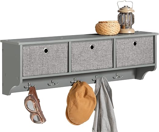 Porte-manteau mural SoBuy FRG282-HG – 3 paniers et 5 crochets – Gris – 100 x 20 x 31 cm