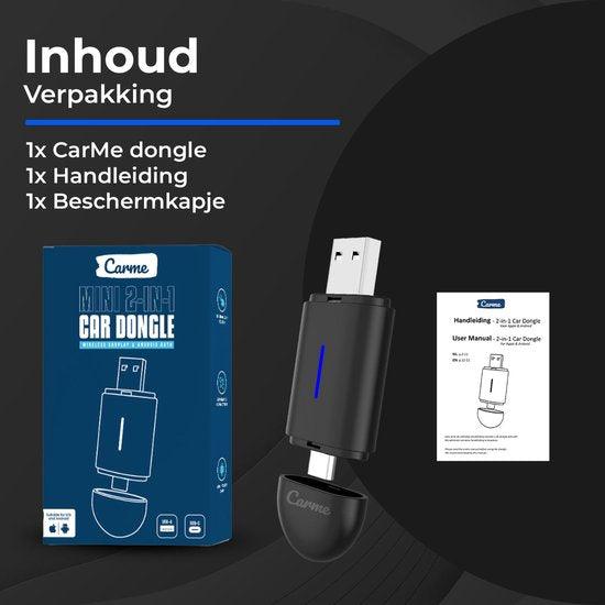 CarMe Mini 2-en-1 pour CarPlay - USB-A et USB-C - CarPlay et Android Auto sans fil - Dongle Android Auto - Noir
