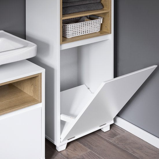 SoBuy BZR146-W Meuble de salle de bain - Bois composite blanc avec panier de lavage