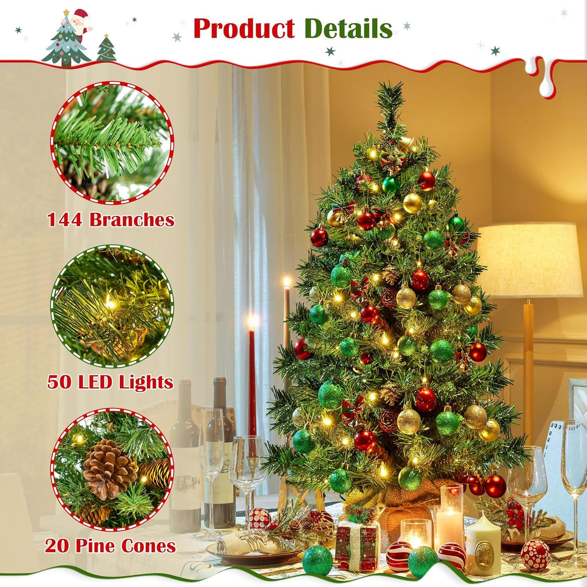 Sapin de Noël artificiel Yaheetech - Lot de 2 - 91,5 cm - 50 LED blanc chaud - Pommes de pin - Vert