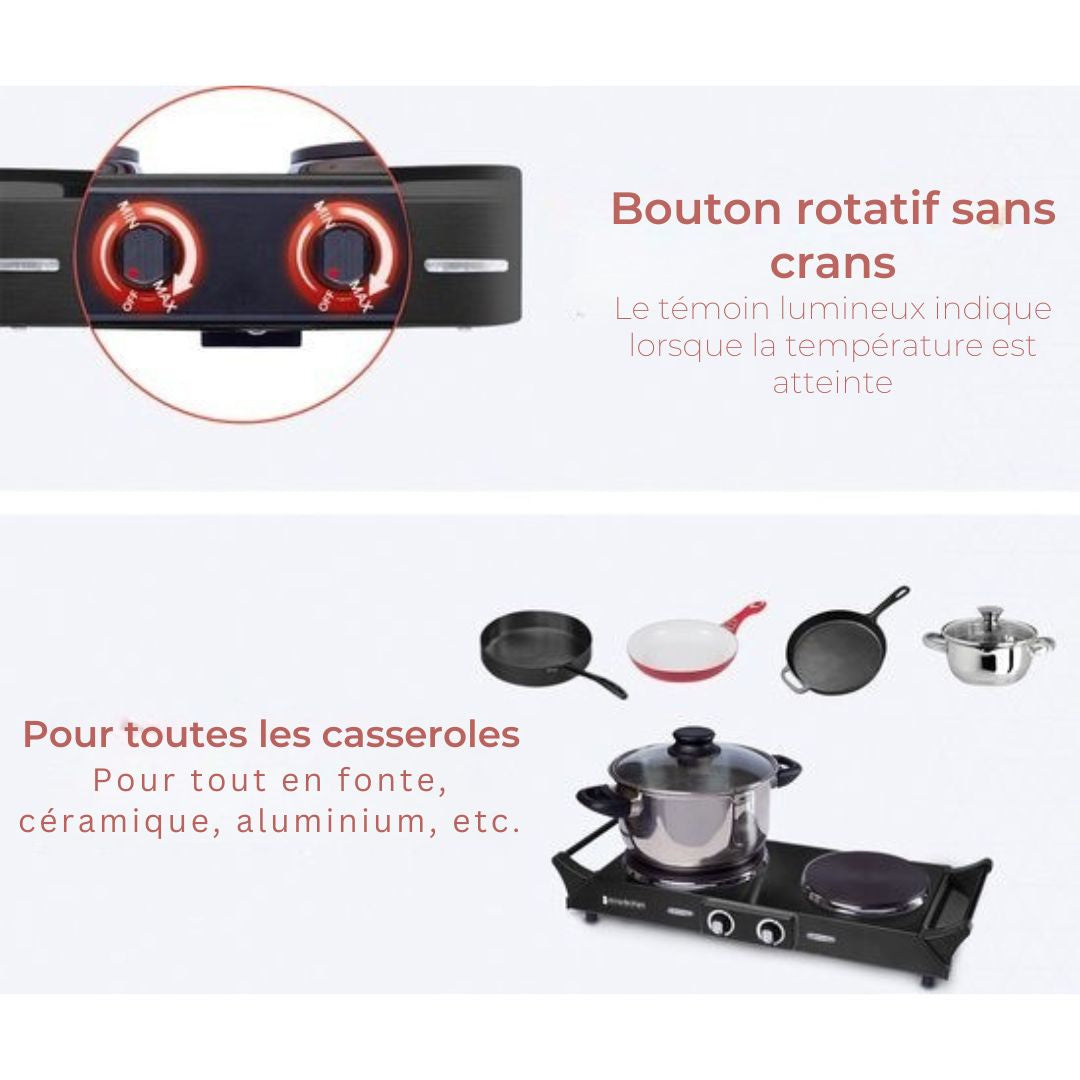Plaque de cuisson KitchenBrothers  - 2 foyers - 54,3 x 22,8 x 10 cm - 2500W - Noir