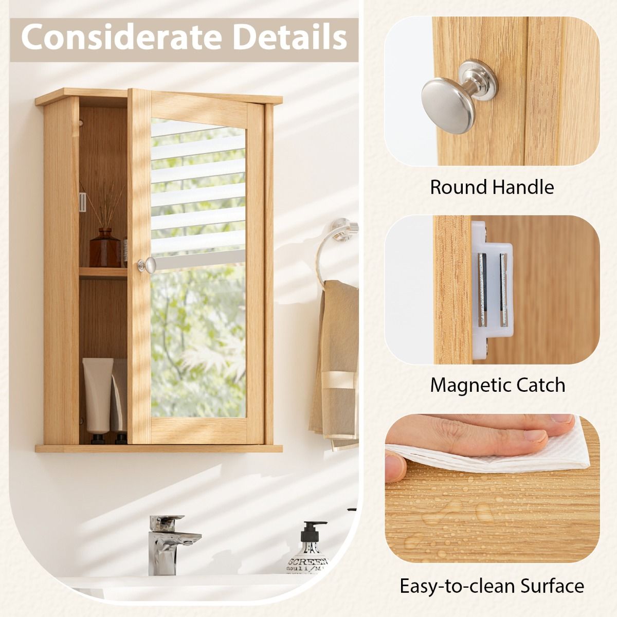 Armoire de salle de bains Coast avec miroir - Porte réversible - Étagère réglable - Naturel