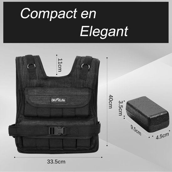 Gilet lesté réglable DH FitLife 20 kg, compact et stable, pour le développement musculaire et la musculation, gilet lesté, gilet de course à pied pour femmes et hommes, gilet de fitness, gilet d'entraînement