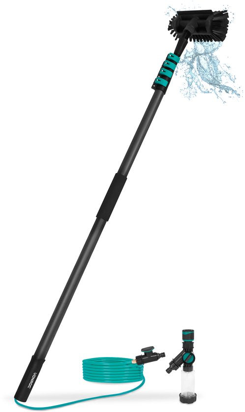 Brosse de lavage télescopique VONROC PRO 3K entièrement en carbone – 6,5 m – Avec tête de brosse à 5 pans, tuyau d'arrosage de 9 m et distributeur de savon