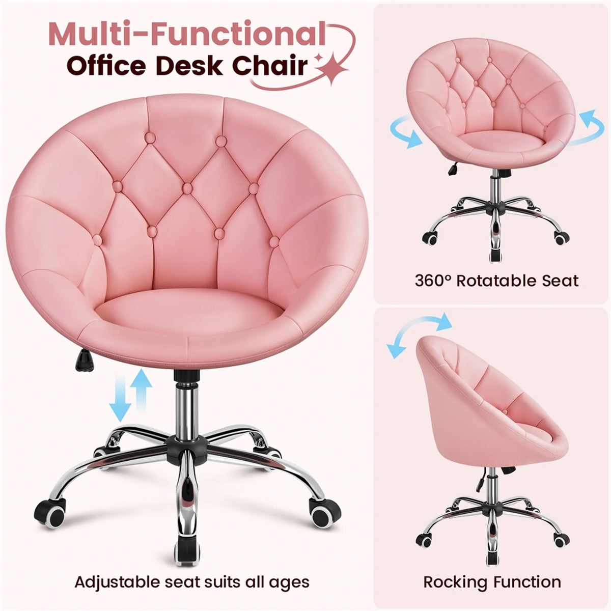 Yaheetech : fauteuil pivotant confortable de forme tonneau, 78-88 cm – rose élégant – similicuir et métal