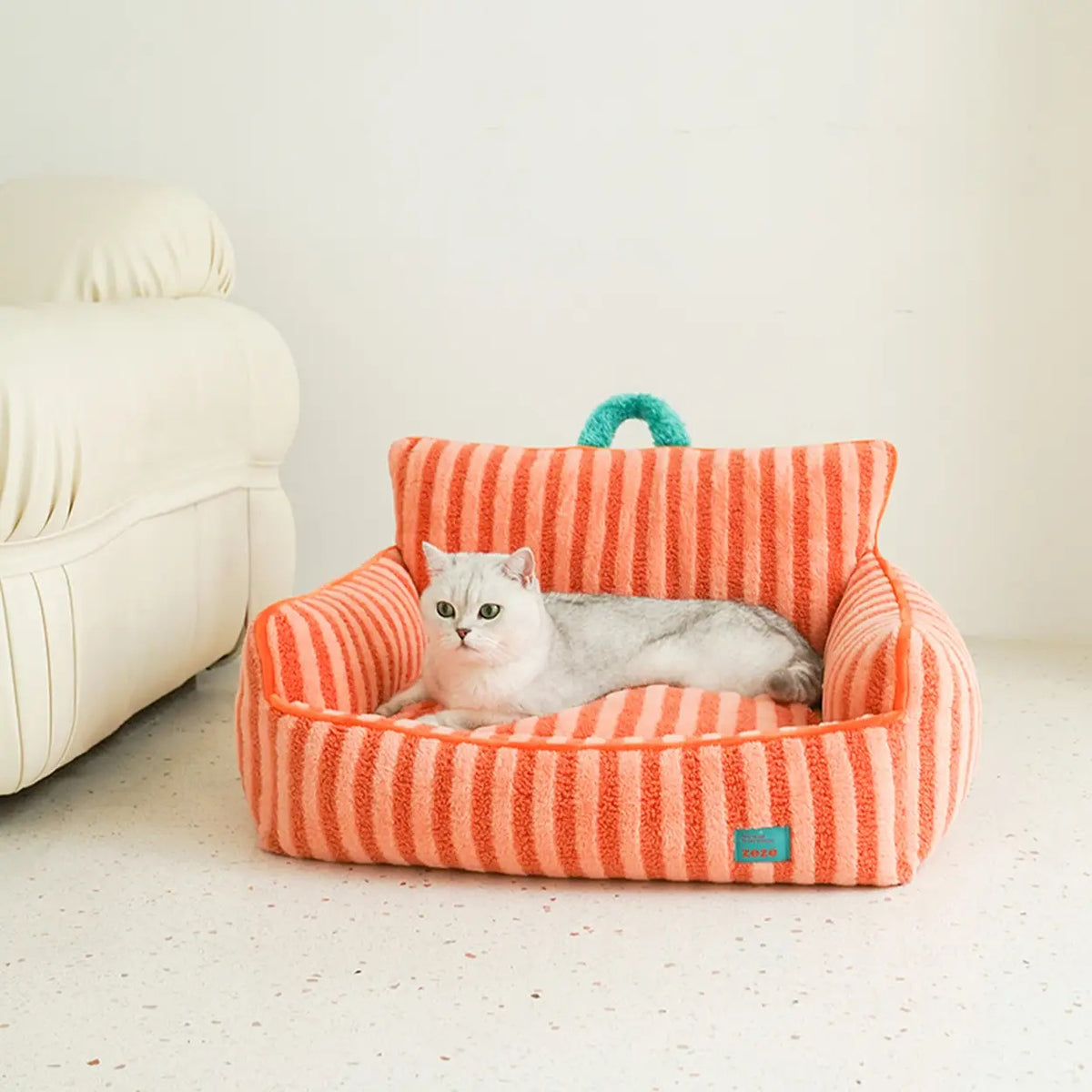 Lit pour animaux de compagnie en peluche rayé ZEZE - Orange basique - 68 x 53 x 37 cm