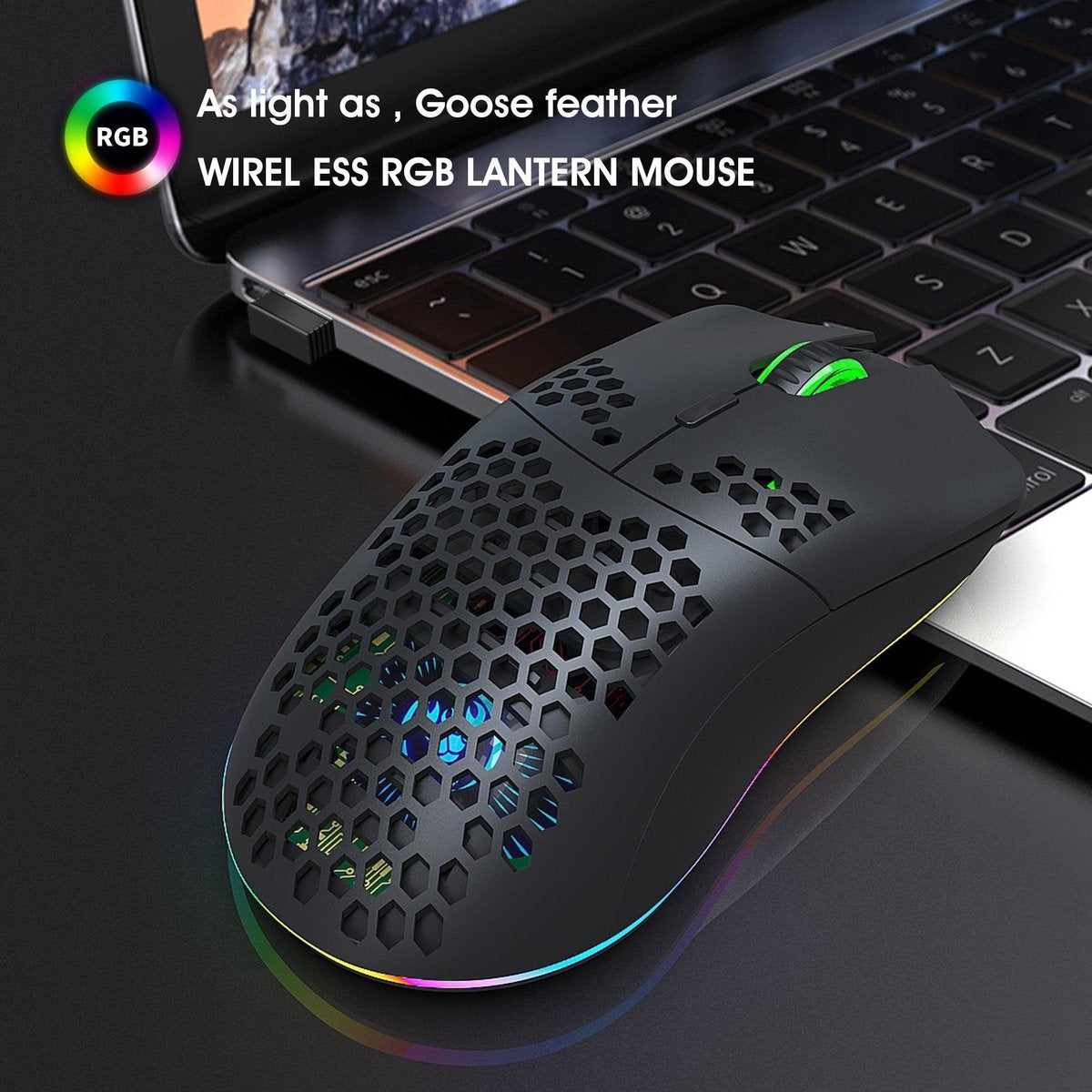 HXSJ T66 Souris de jeu sans fil 2.4G - Ultra légère - Eclairage RGB - Noir
