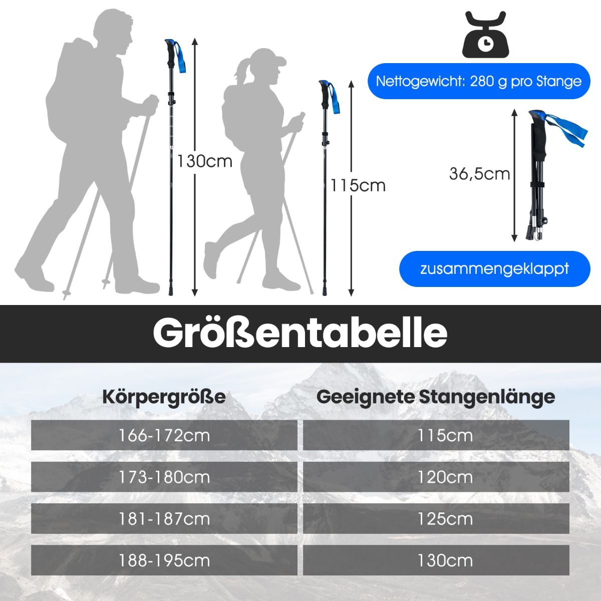 Canne de marche pliable Coast - avec verrouillage rapide - réglable de 166 à 195 cm - bleue