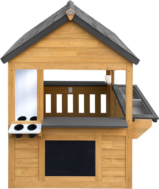 Maisonnette AXI Lynn en marron / anthracite – Maisonnette en bois avec cuisine jouet, jeu « Beurre, fromage et œufs » et accessoires – Bois certifié FSC – Maisonnette de jardin pour enfants – Garantie 10 ans !