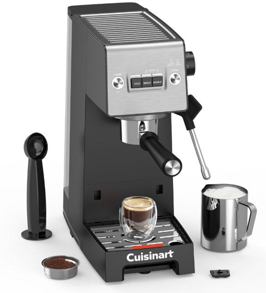 Machine à expresso à piston Cuisinart Slim pour expresso americano et cold brew, avec mousseur à lait intégré pour latte et cappuccino, pression de 15 bars, porte-filtre sans fond, design compact adapté aux mugs de voyage, réservoir d'eau de 1,5 L