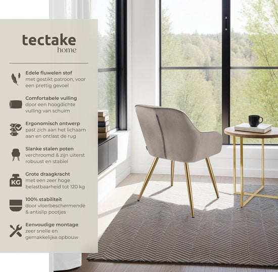 tectake® Velvet Chair - Chaise de salle à manger en velours matelassé, chaises de cuisine modernes, fauteuil confortable pour le salon, la salle à manger, la salle de séjour - taupe / gold