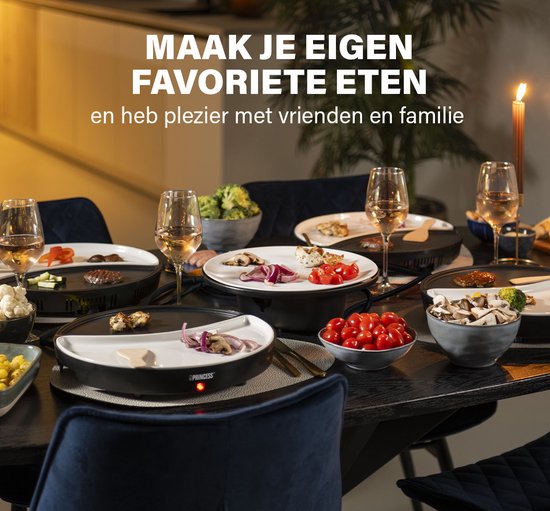 Princess Dinner4All 103080 - Set gastronomique - Gril et plaque de cuisson - Cordon d'alimentation extra-long de 2 mètres - 4 personnes - Lavable au lave-vaisselle - Sans PFAS - Kit d'extension disponible
