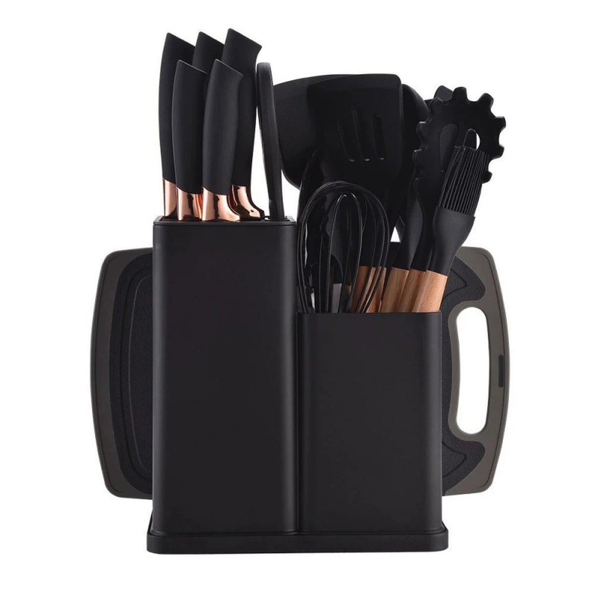 Set de 19 couteaux de cuisine et ustensiles de cuisine en silicone - Noir - Avec bloc à couteaux, planche à découper et manches en bois