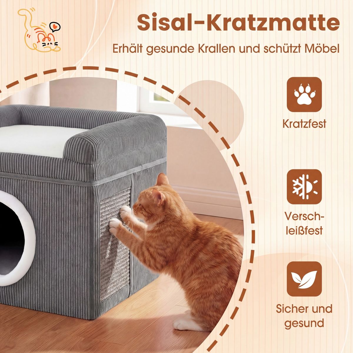 Maison pliable pour chat Coast - avec tapis à griffer en sisal - coussin moelleux et bords surélevés - gris