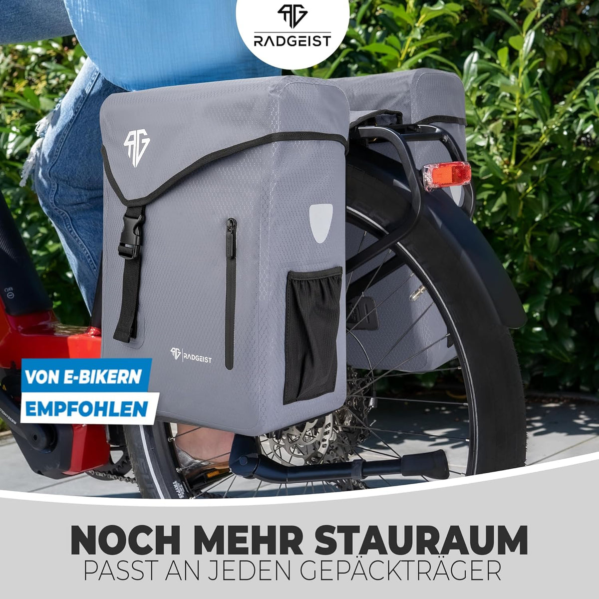 RADGEIST sacoche vélo pour transporteur 100% étanche I Double sacoche vélo 50 litres - Double sacoche vélo avec fermeture facile (gris)