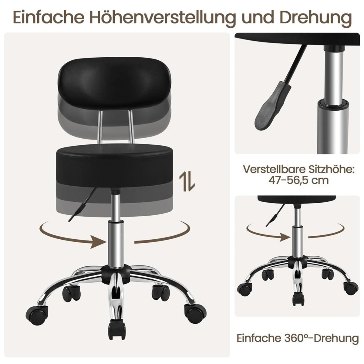 Yaheetech Tabouret de maquillage - 52 x 44,5 x 75,5-85 cm - équipé d'un coussin d'assise de 10 cm d'épaisseur et d'une rotation à 360° et d'une structure en métal chromé - pour salon et coiffeuse - simili cuir noir et métal