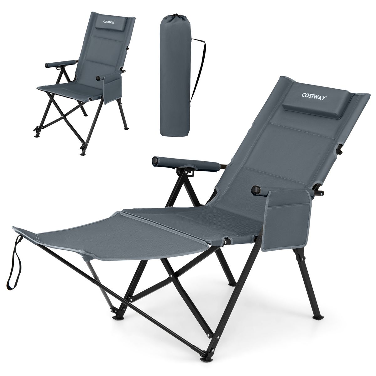 Chaise de camping pliable Coast avec repose-pieds - Dossier réglable sur 4 positions - Poche latérale et coussin - gris