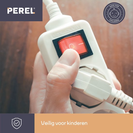 Multiprise Perel avec interrupteur, 4 prises avec broche de terre (type E), câble de 3 m, 3G1,5, usage intérieur, blanc
