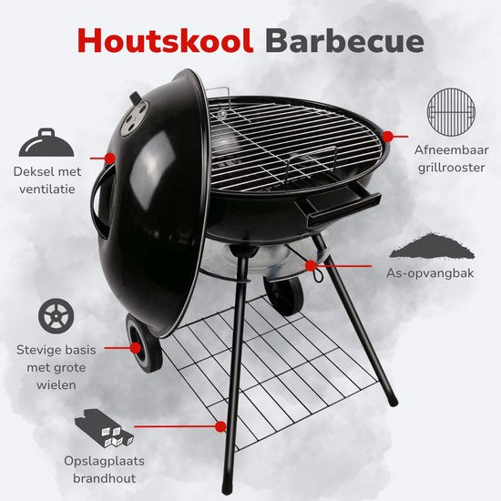 Barbecue au charbon de bois Alpina - Barbecue sphérique Ø 43 cm - Barbecue avec couvercle et roulettes - Système de ventilation intégré - Bac à cendres amovible - Noir