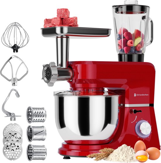 KitchenBrothers Robot de cuisine 6-en-1 - 1500W - Avec hachoir, blender et 15 accessoires - Bol en acier inoxydable de 6,2L - Rouge