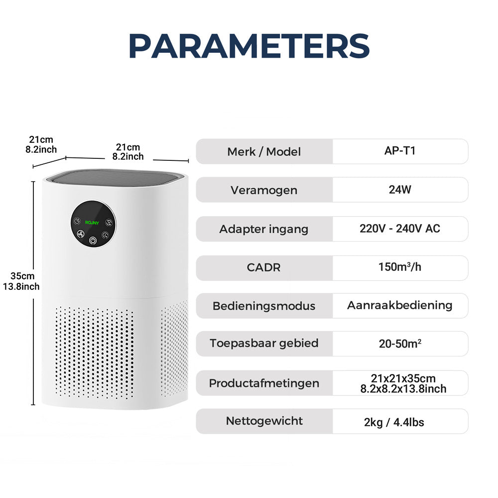 Purificateur d'air Rouny pour la maison, filtre HEPA H13 authentique, CADR 150 m³/h, couverture de 20 à 50 m², mode veille ≤ 25 dB, affichage de la qualité de l'air, 4 vitesses de ventilation adaptées aux animaux de compagnie et à la chambre à coucher, AP