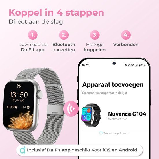 Montre connectée Nuvance pour femme - Montre connectée pour homme - Montre podomètre pour femme - Cardiofréquencemètre - Montre de sport - Compatible iOS/Android - Écran AMOLED - 5 bracelets inclus - Argent