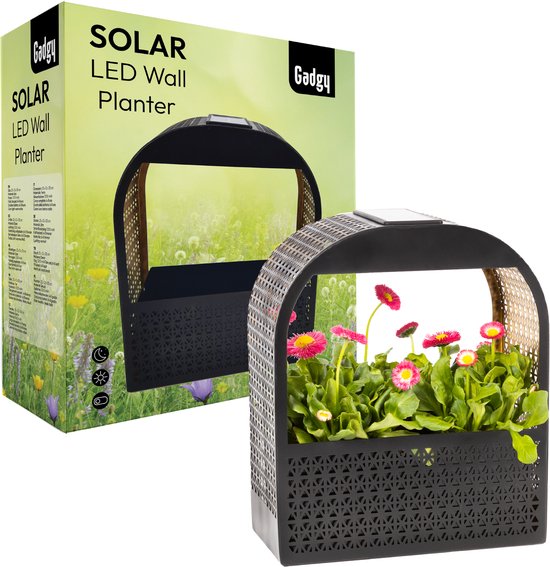 Lampe murale solaire Gadgy avec jardinière amovible – Éclairage de jardin à énergie solaire – LED blanc chaud – 30 x 25 cm – Métal noir