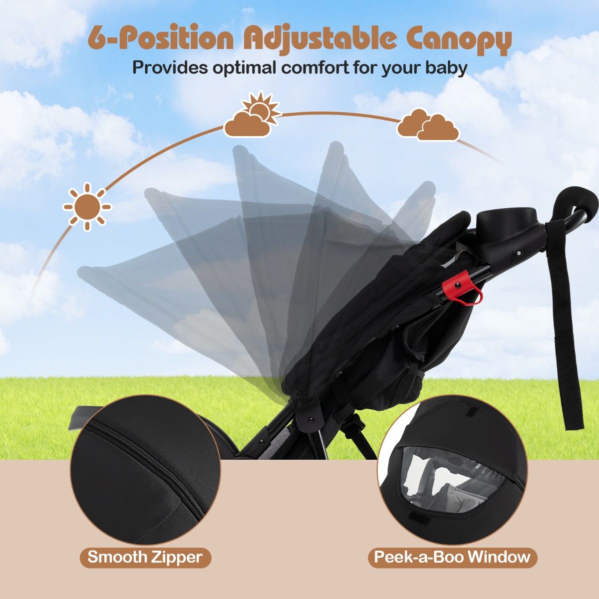Poussette de jogging Coast - Poussette pliable - Capote réglable - Siège inclinable - Noir