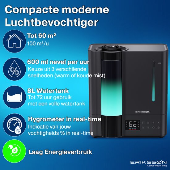 Humidificateur Erikssøn Elite - 8 litres - Adapté au salon, au bureau, à la chambre à coucher, à la chambre de bébé - Humidificateur - Avec fonction d'aromathérapie - Noir
