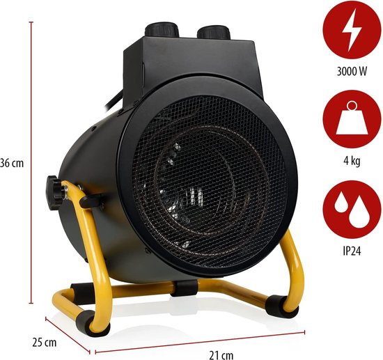 Radiateur industriel Tristar KA-5061 - 1 500 W - 3 000 W - 3 réglages - Thermostat réglable - Indice de protection IPX4 (résistant aux éclaboussures) - Noir/Jaune