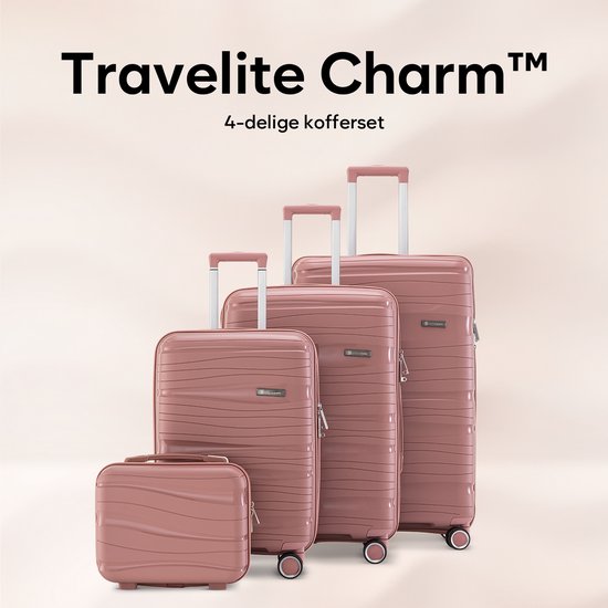 SKYCASES Travelin' Charm 4-Piece Trolley Set - Hand Luggage & Check-in Suitcases - 32L/60L/98L - Number Lock - 360° Noiseless Wheels - Lightweight & Sturdy - Modern Design - Pink V2