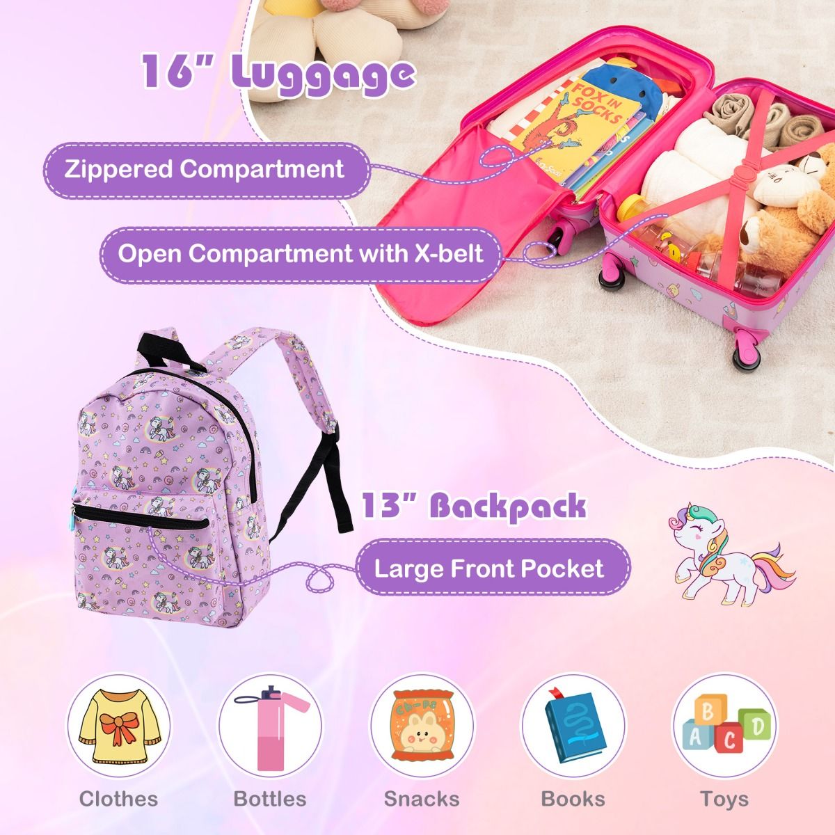 Coast Suitcase Set for Kids 4-Piece - Trolley Backpack Neck Cushion Lunch Bag - Pink Unicorn