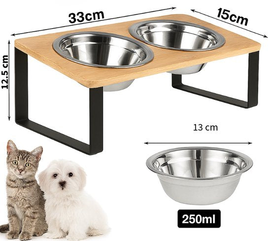 Ceruzo Gamelle double - Petits chiens - Acier inoxydable - Bambou-Métal Standard -33x15x12.5 cm