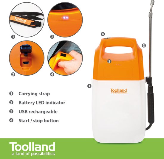 Pulvérisateur Toolland, électrique, batterie rechargeable, lance télescopique, buse réglable, sangle d'épaule, 6 litres, blanc/orange/noir