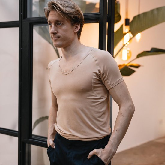 Tshirt anti transpiration - Fibershirts® - Coussinets d'aisselles cousus - Maillot de corps - beige - Col en V - Hommes - Taille S