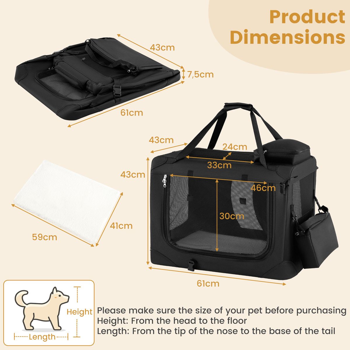 Cage de transport pliable pour chien Coast - filet respirant - 3 portes - noir