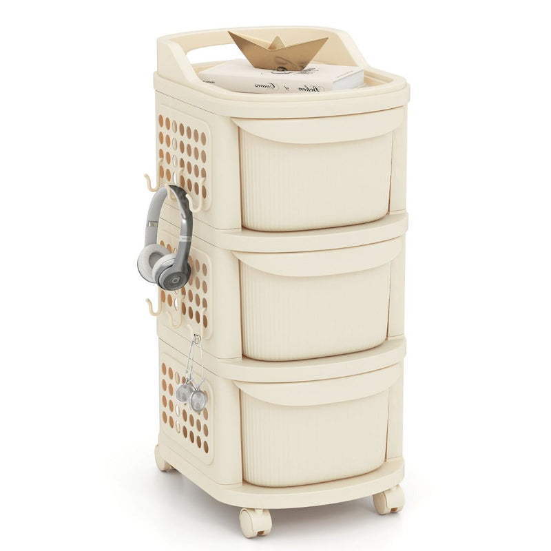 Chariot de rangement Coast sur roulettes - 3 tiroirs - Avec crochets - Blanc 38 x 32 x 68 cm