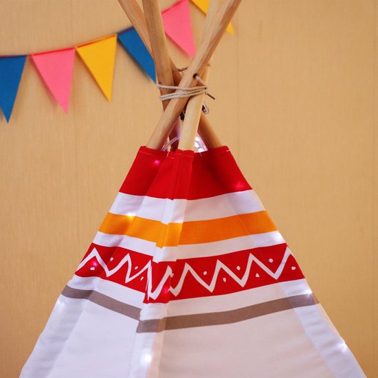 Tente tipi Sunny LED rouge/blanche - 60 LED - piquets en bois certifiés FSC - 120 x 120 x 160 cm