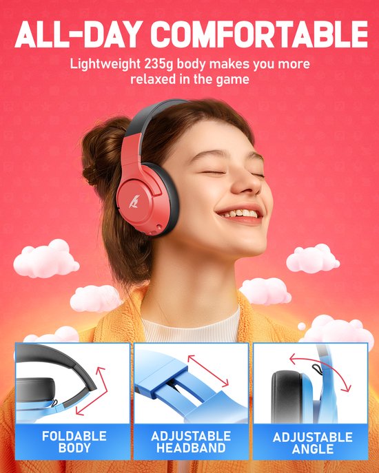 Kofire × CINPUSEN CG-01 - Casque de jeu sans fil - Casque circum-auriculaire - Avec microphone - PC/PS4/PS5/Nintendo Switch - Bleu et rouge