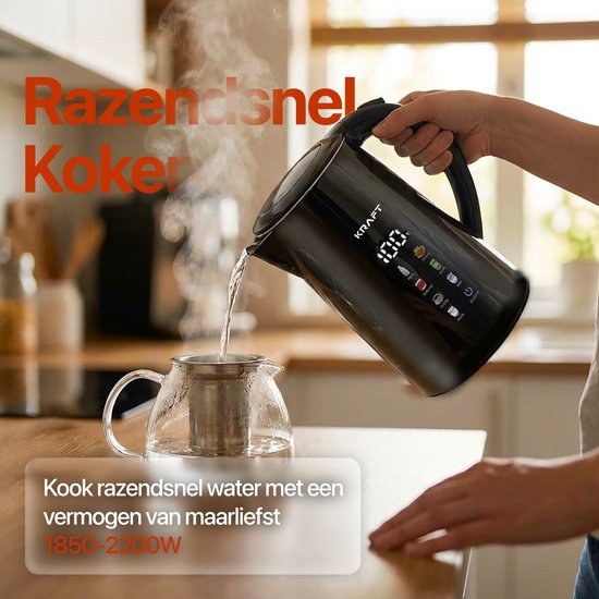 Bouilloire électrique KRAFT avec réglage de la température - 1,7 litre - Écran tactile LED - Noir - 2 200 W