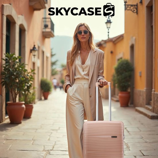SKYCASES Travelin' Charm - 28-inch Large Travel Suitcase - Number Lock - 41x24x69 cm - 98L - Lightweight, Waterproof & Durable - Light Pink V2